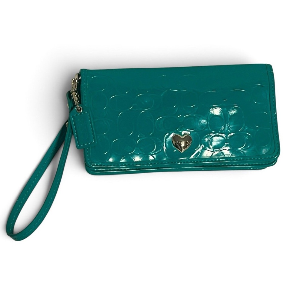 Coach Teal Patent Leather Signature C Heart Wristlet Wallet Clutch